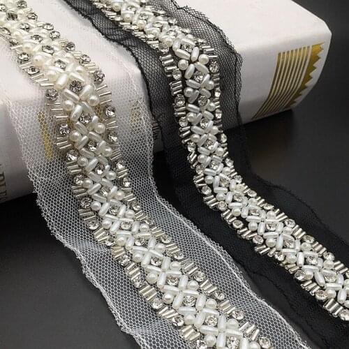 2yards Crystal Beaded Lace Edge Trims Handmade Pearl Mesh Wedding Dress Belt Sash Ribbon Bridal Applique Fabric Sewing Craft