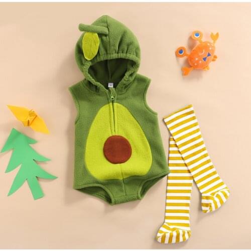 Cute Newborn Baby Casual Romper Clothes Set Green Avocado-shaped Sleeveless Hodded Jumpsuit and Stockings Toddler Costumes