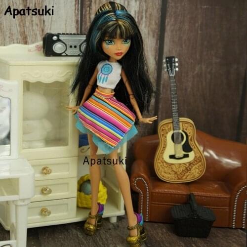 Fashion Doll Clothes For Monster High Accessories White Crop Top Colorful Rainbow Skirt for Bratz Doll Outfits 1/6 Kid Toys