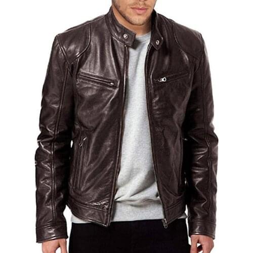 Men Motorcycle Jacket Causal Vintage Leather Coat Men Zipper Pocket PU Leather Street Rock Club Stand Collar Jacket Gift 2019