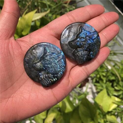 Natural Stone Labradorite Wolf Head Necklace Pendant Carved Animal Crystal Gift Fashion Jewelry For Men