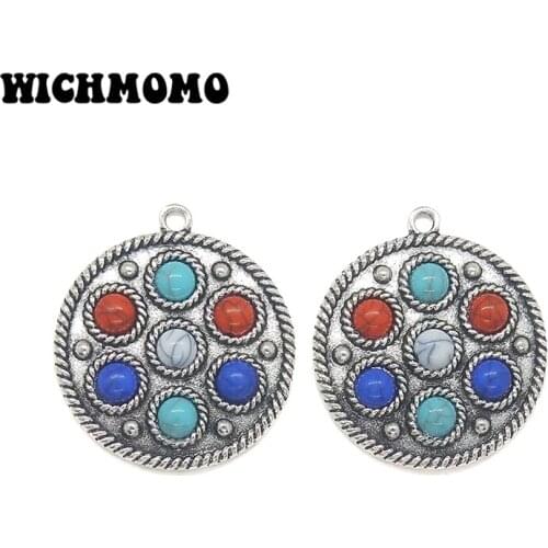 New 2pieces/bag 33*29.5MM Retro Zinc Alloy Inlaid Acrylic Beads Round Charms Pendant for DIY Jewelry Necklace Accessories Gifts