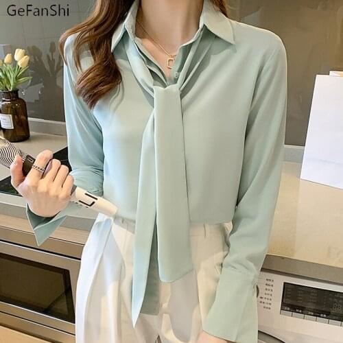 New Arrival 2021 Autumn Winter Turn-Down Collar Ribbon Chiffon Blouse Shirt Elegant Office Ladies Casual Shirts Chic Blusas Tops