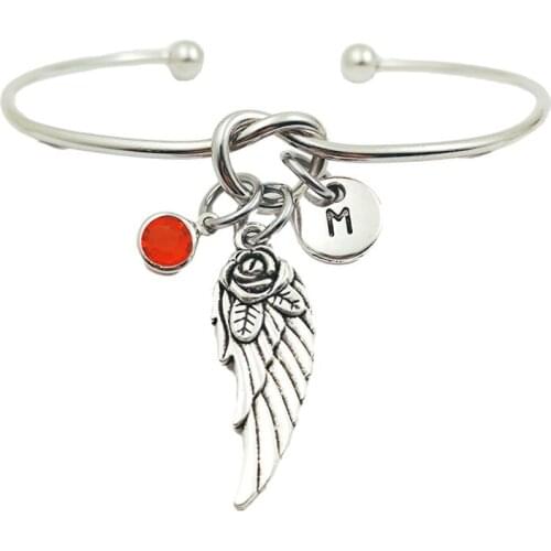 Wings Rose Retro Creative Initial Letter Monogram Birthstone Adjustable Bracelet Fashion Jewelry Women Gift Pendant