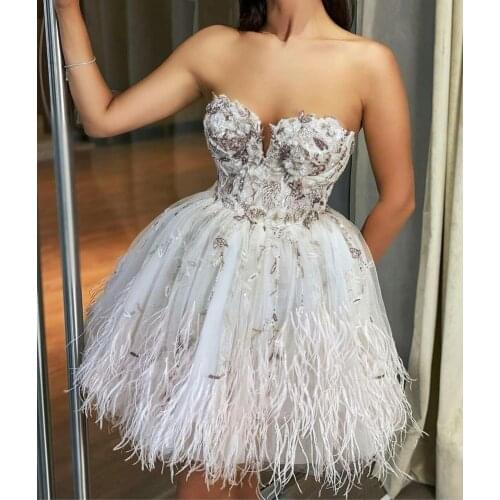 Prom Dresses 2020 Lace Appliques Feather Sweetheart Mini Evening Gowns Party Wear Custom Made Cocktail Dress