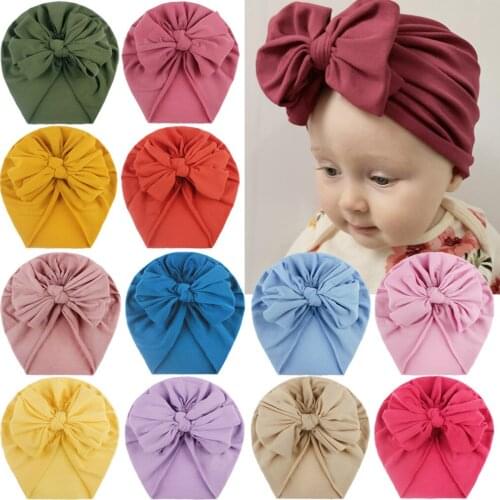 Polyester Cotton Newborn Soft Large Bow Hat Infant Baby Girl Boy Warm Bowknot Beanie Hospital Warmer Hats Cap Candy Color Turban