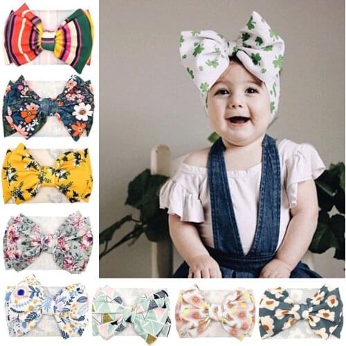 30pc/lot Large Knot Hair Bow Headband For Girls 2021 New Baby Floral Prints Waffle Fabric Bow Headbands Kids Adjustable Turban