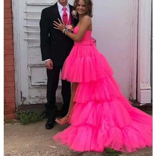 Sexy Long Tulle High Low Sweetheart Prom Dresses Corset Back Robe De Soiree Floor Length Rose Red Formal Party Gowns
