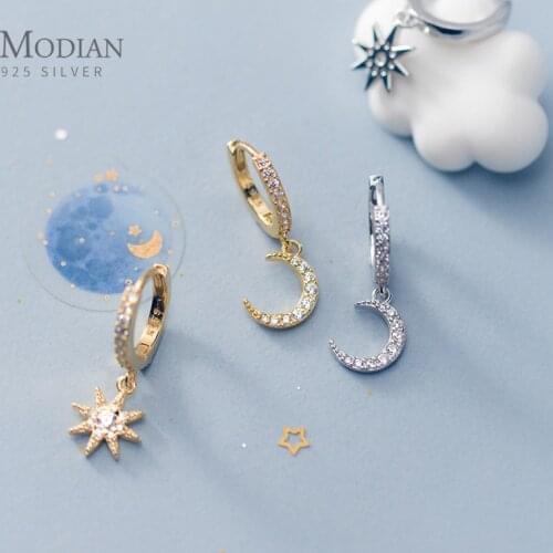 Modian Classic Engagement Vintage Earring Zirconia Star Moon Asymmetry 925 Sterling Silver Hoop Earring for Women Fine Jewelry