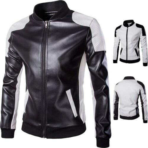 Spring Autumn Mens Stand-Up Collar Pilot Bomber PU Leather Jacket Black White Stitching Large Size Faux Leather Motorcycle Coat