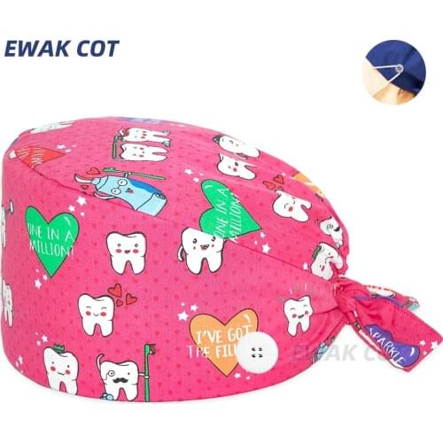 With buttons teeth pattern unisex Scrubs Caps cartoon printing Protect your oral tooth Scrub cap beauty salon Pet work Lab cap