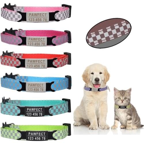 New Reflective Plaid Pet Bell Colar Custom Personalized ID Free Engraving Cat Nylon Adjustable for Puppy Kittens Necklace