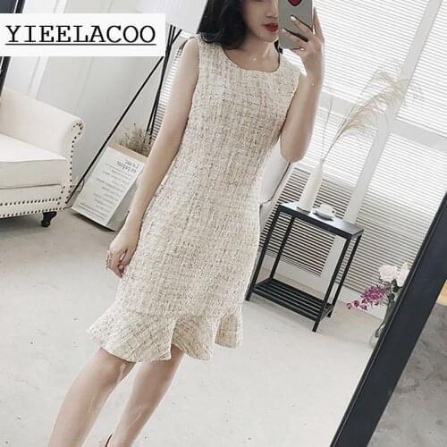 Khaki tweed dress sleeveless sequined fabric high-definition custom spring / autumn / winter womens dress ladies office dress