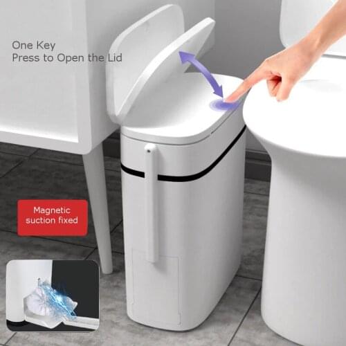 12L Smart Trash Can Bathroom Zero Waste Bin One Key Garbage Bin Trash Bag Holder in the Kitchen w/ Brush for Toilet Narrow Seam