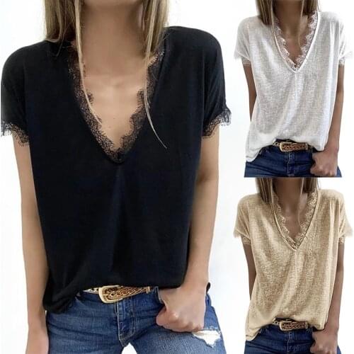 European and American Womens Solid Color Casual Lace T-shirt Female Summer V Neck Short Sleeve Tops Pure Basic Tee