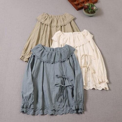 New Autumn Lace Collar Embroidery Long-Sleeved Shirt Cotton Solid Color Women Loose Tops Blouse