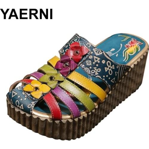 YAERNI Summer New Hand Hollow Out Shoes Women Slides Genuine Leather Cover Toes Flower Woman Platform Slippers
