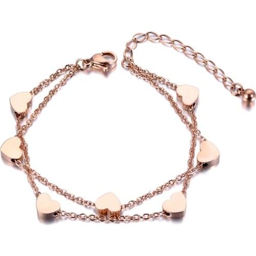 Heart Charm Double Layers Bracelet Bangle For Women Stainless Steel Link Chain Bohemia Summer Beach Jewelry B19018