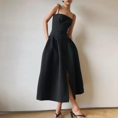 Women Black Strap Summer Dress Sleeveless High Waist Tunic Casual Midi Dress