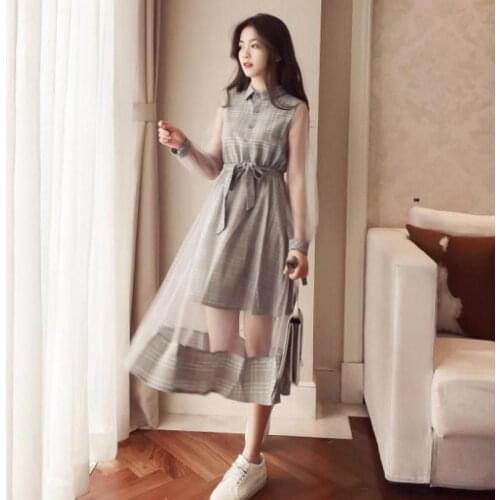 2020 Spring New Arrival Yarn Splicing Slim Sashes Decorated Plaid Vestidos Mujer Fake Two Piece Long Sleeve Dress Free Shipping