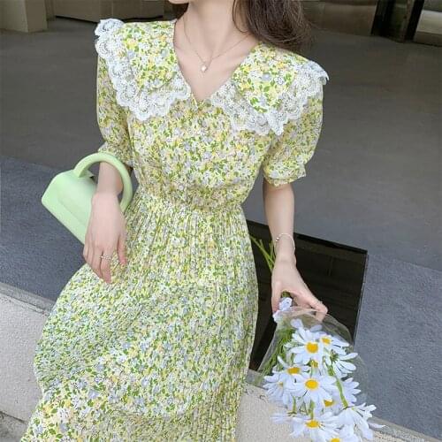 2021 New Summer Women Chiffon Pleated Medium Length Dress Green Floral Short Sleeve Casual Baby Collar Robe Vestidos Dresses