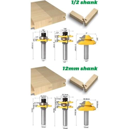 3pcs/set 12mm 1/2\" Shank Tongue and Groove Router Bit Tool 45° Lock Miter Wood NEW