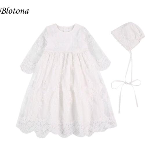 Blotona Baby Girls Long Sleeve Dress Lace Flower Embroidery O-neck High Waist Sundress+Lace-up Bonnet Kids 2Pcs Princess Outfits
