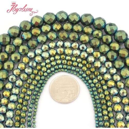 Hematite Beads Round Faceted Green Hematite Natural Stone 4.6.8.10mm for DIY Accessories Necklace Bracelets Jewelry Making 15"