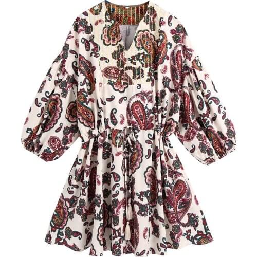 Women V Neck Printed Vintage Dresses 2021 Batwing Sleeve Elastic Waist Mini Dress Female A Line Loose Summer Dress
