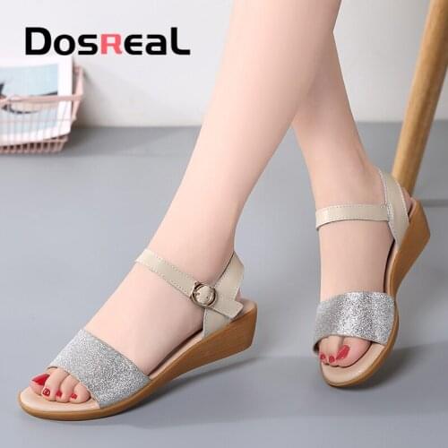 Dosreal Women Summer Sandals New Ladies Leather Flat Wedge Sandals Peep Toe Platform Flats Shoes Female Slippers Footwear