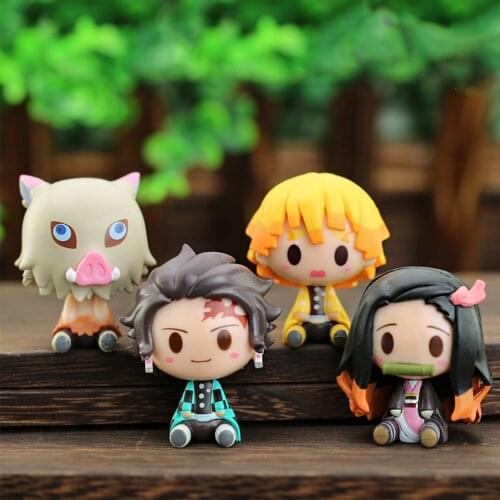 4Pcs Anime Demon Slayer Figures Q Version Kamado Tanjirou Kamado Sitting Kimetsu No Yaiba Action Figure Kawaii Boy Kids Toy Gift
