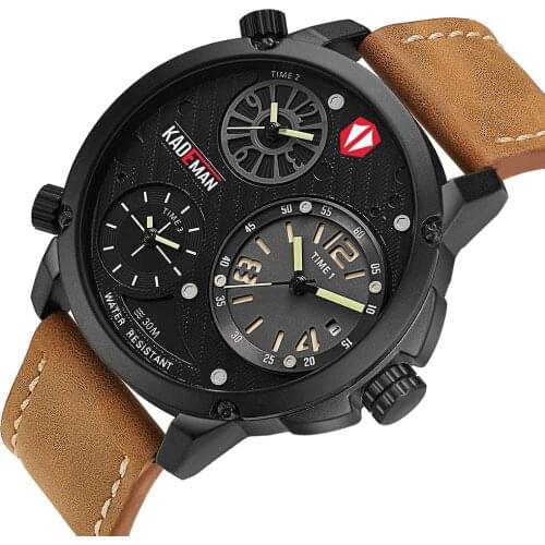 K6100 KADEMAN Mens Watches Big Dial 3 Time Zone Fashion Business Luxury Brand Rose Gold Waterproof Leather Relogio Masculino