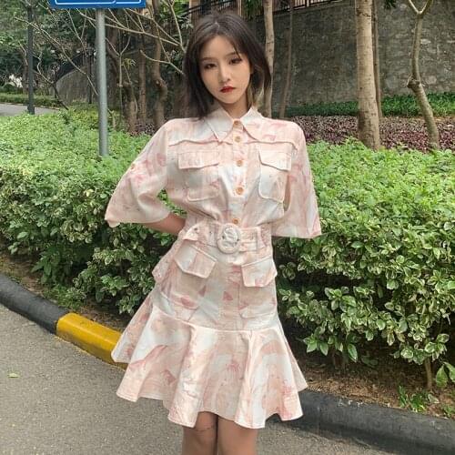 Two Piece Sets Women 2021 Spring and Summer New Fashion Printing Suit Short-Sleeved Pocket Thin Shirt + Skirt Set 2-Piece Set