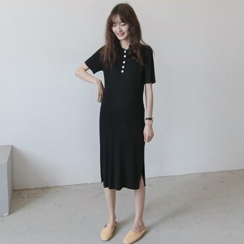 Summer Expectant Mother Maternity Short Sleeve Dresses Pregnancy Solid Color Turn-Down Button Collar Dresse Pregnant Women Dress