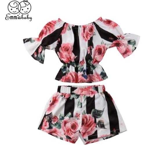 Summer Hot Toddler Kids Girls Striped Floral Tunic Tops T-Shirt Shorts Panties Outfits Clothes Set Baby Clothing