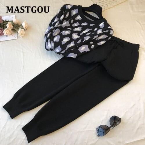 MASTGOU Two Piece Set Women Harem Trouser Suits O Neck Leopard Knit Women Pullover Sweater Autumn Winter Women Outfit Clothing