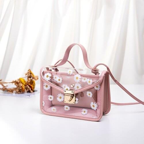 Fashion Women Transparent Daisy Pattern Shoulder Bag Hardware Chain Strap Color Block Messenger Handbag Composite Tote Gift girl