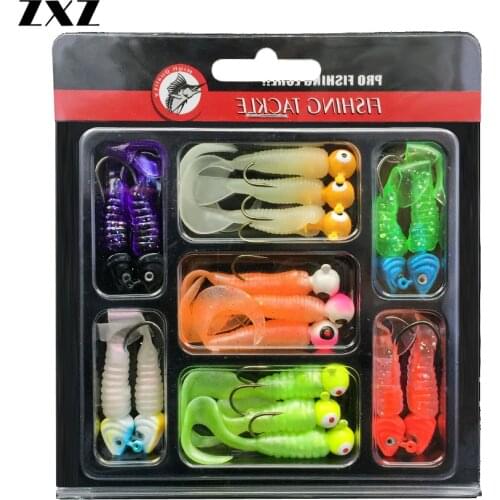34pcs/box Assembled 17pcs Soft Baits + 17pcs Lead Jig Head Hooks Set Soft Palate Worms Artificial Silicone Lure Carp Bass Pesca