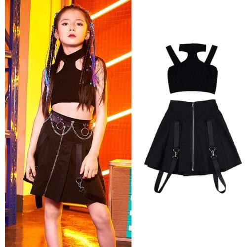 New Kids Hip Hop Dance Costumes Girls Jazz Street Dance Black Tops Skirt Children Catwalk Show Stage Performance Outfits DQL1623