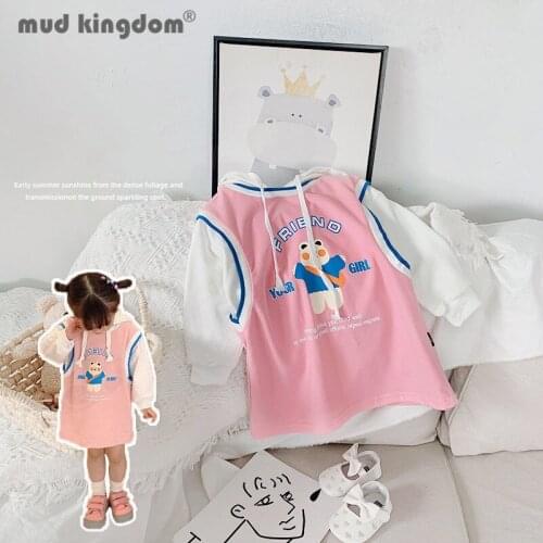 Mudkingdom Girl Hooded Sweatshirts Dress Patchwork Long Sleeve Drawstring Print Bear Mid-length Dresses Toddler Cute Clothing