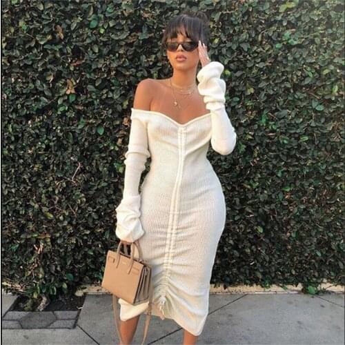 Fashion Strapless Solid Color Long Sleeve Pocket Drawstring Sexy Pullover Dress Women Long Sleeve Solid Color Jumper Elegant