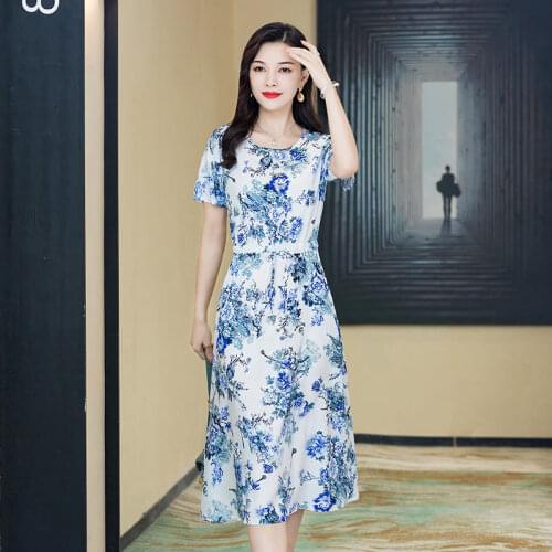 Short Sleeve O-neck Tea-length A-line Lacing Pocket Elegant Plus Size Holiday Women Fashion Floral Print Cocktail Dresses 3985