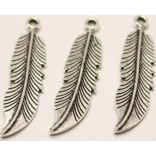 20pcs/lot Feather pendants/pendants 45 x 11mm antique silver tone