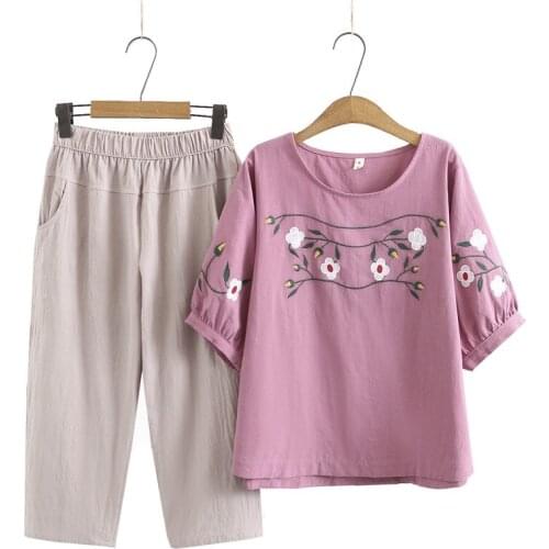 Plus Size Womens Full Cotton Summer Sets Short Sleeve Tops + Elastic Waist Cropped Pants 2pieces Suits