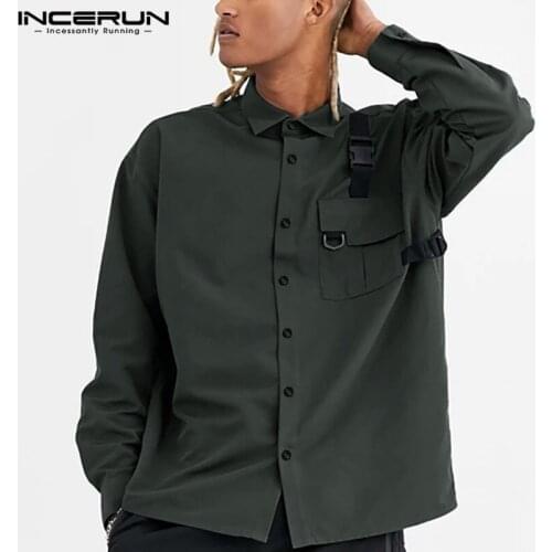 INCERUN 2021 Fashion Cargo Men Shirts Long Sleeve Solid Color Blouse Man Turn Down Collar Button Camisa Leisure Pockets Tops 5XL
