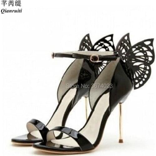 Qianruiti Party Shoes Women Sexy High Heels Back Butterfly Wings Sandals Open Toe Heels Gladiator Ankle Strap Sandalias Mujer