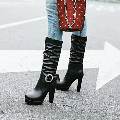 Chic High Heels Platform Women Mid-calf Boots White Pink Round Toe Rhinestone Buckle Strap Woman Motorcycle Boots Pleated Shoes