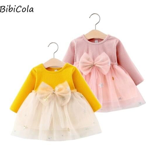Baby Girls Spring And Autumn Clothes Pure Color Korean Girl Princess Dress Long Sleeve Bowknot Net Yarn Long Sleeve Dress