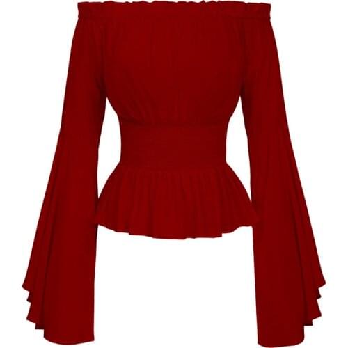 Women Off Shoulder Sexy Blouse Female Long Flare Sleeve Womens Vintage Shirt Corset Blouse Tops Femme Blusas Camisas Mujer