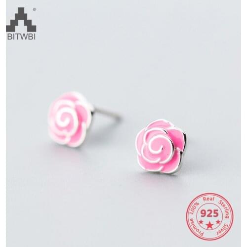 Delicate Wholesale Japan Korea Style 925 Sterling Silver Fashion Sweet Beautiful Pink Rose Flower Stud Earring Women Jewelry